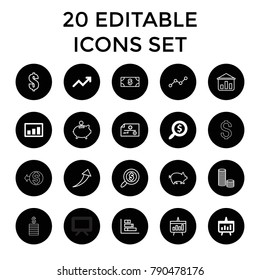 Financial icons. set of 20 editable outline financial icons such as graph, search dollar, chart, pig, money, dollar, check. best quality financial elements in trendy style.