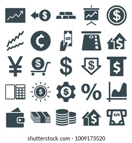 Financial icons. set of 25 editable filled financial icons such as wallet, coin, dollar down, dollar, atm money withdraw, coin, graph, percent, money, dolar growth