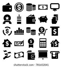 Financial icons. set of 25 editable filled financial icons such as board, coin, money, dollar, money on hand, wallet, calculator, dolar growth, check, dollar award, medal