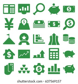 Financial icons set. set of 25 financial filled icons such as pig, line graph, lot price, piggy bank, graph, search dollar, money dollar, pyramid flag, arrows up, medal, bank