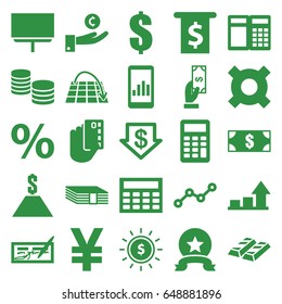Financial icons set. set of 25 financial filled icons such as dollar down, payment, board, line graph, graph, calculator, dollar in sun, calclator, move on map, percent, medal