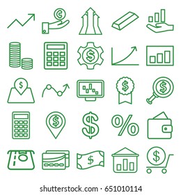 Financial icons set. set of 25 financial outline icons such as wallet, coin, atm money withdraw, dollar, gold, calculator, lot price, card, graph, graph on hand, arrows up
