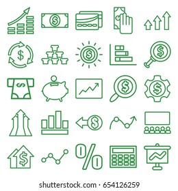 Financial icons set. set of 25 financial outline icons such as money, atm money withdraw, line graph, card, graph, piggy bank, search dollar, cash payment, coin, arrows up