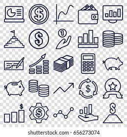 Financial icons set. set of 25 financial outline icons such as pig, coin, money, graph, calculator, chart on display, graph on hand, pyramid flag, money, medal, dollar