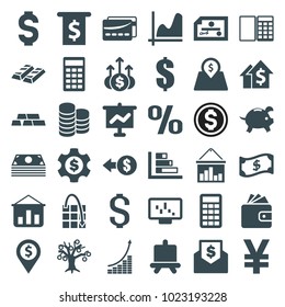 Financial icons. set of 36 editable filled financial icons such as board, wallet, dollar, coin, graph, graph on display, money, money tree, dolar growth, check, graph on board