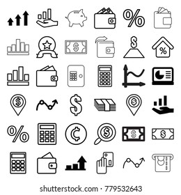 Financial icons. set of 36 editable outline financial icons such as graph, chart on display, graph on hand, wallet, money, dollar, creadit card payment, calculator, coin