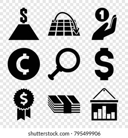 Financial icons. set of 9 editable filled financial icons such as coin, money, dollar search, move on map, dollar, coin on hand, dollar award