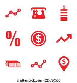 Financial icons set. set of 9 financial filled icons such as Coin, ATM money withdraw, line graph, graph, percent, dollar coin, money