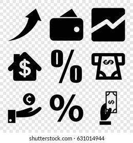 Financial icons set. set of 9 financial filled icons such as payment, atm money withdraw, line chart, percent, arrow up, bank, wallet