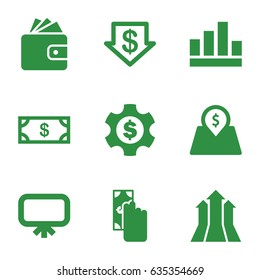 Financial icons set. set of 9 financial filled icons such as board, money, dollar down, wallet, lot price, arrows up, dollar gear, cash payment