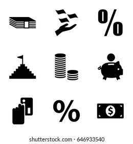 Financial icons set. set of 9 financial filled icons such as money on hand, money dollar, pyramid flag, percent, money, creadit card payment, piggy bank