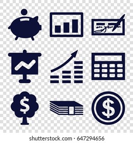 Financial icons set. set of 9 financial filled icons such as piggy bank, graph, money tree, calclator, dollar coin, money, money growth, check