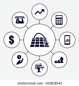 Financial icons set. set of 9 financial filled icons such as atm money withdraw, graph, move on map, calculator, dollar, coin on hand, graph on display