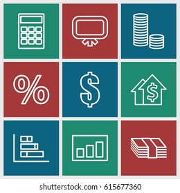 Financial icons set. set of 9 financial outline icons such as board, graph, dollar, calculator, money, dolar growth, coin