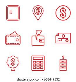 Financial icons set. set of 9 financial outline icons such as atm, coin, wallet, money tree, money, wallet, calculator, check