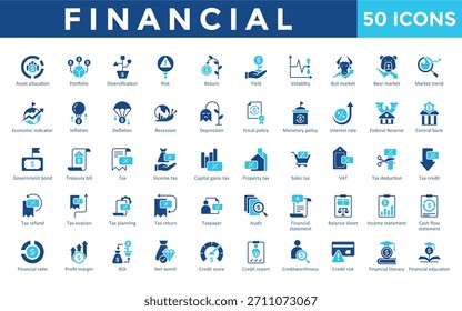 Iconos financieros con asignación de activos, Cartera, diversificación, riesgo, retorno, rendimiento, volatilidad, mercado alcista, mercado bajista, ícono de tendencia del mercado. Vector plano simple 
