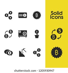 Financial icons set with card bitcoin, bitcoin ethereum safe and bitcoins elements. Set of financial icons and exchange currency concept. Editable vector elements for logo app UI design.