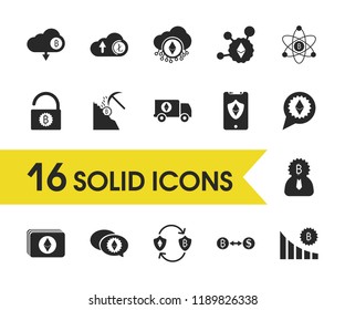 Financial icons set with cloud, bitcoin extraction and ethereum elements. Set of financial icons and bitcoin manager concept. Editable vector elements for logo app UI design.
