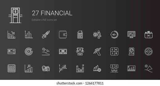financial icons set. Collection of financial with bank, progress, bar chart, money, profits, calculator, currency, zeus, dollar, pyramid. Editable and scalable financial icons.