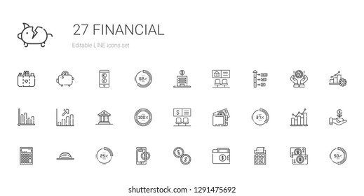 financial icons set. Collection of financial with calculator, wallet, coins, online payment, percentage, balance, bank, museum, profits. Editable and scalable financial icons.