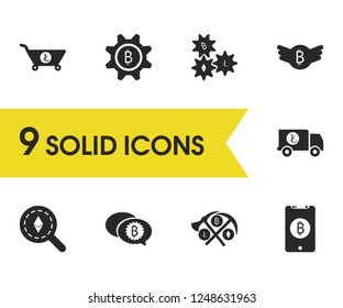 Financial icons set with cryptocurrency gears, look ethereum and bitcoin comment elements. Set of financial icons and chatting concept. Editable vector elements for logo app UI design.