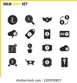 Financial icons set with look bitcoin, chip bitcoin and bitcoin mark elements. Set of financial icons and touchscreen concept. Editable vector elements for logo app UI design.