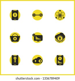 Financial icons set with phone bitcoin, desktop graphic and exchange currency elements. Set of financial icons and touchscreen concept. Editable vector elements for logo app UI design.