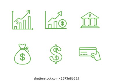 Financial Icons: A set of six minimalist green icons representing various aspects of finance, including graphs depicting financial growth, a bank building, a bag of money, dollar sign.