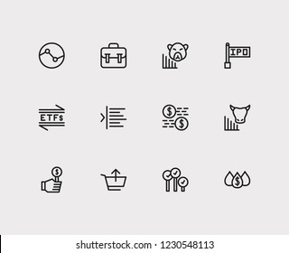 Financial icons set. Stock sector and financial icons with capitalization, bear market and bid-ask spread. Set of analysis for web app logo UI design.