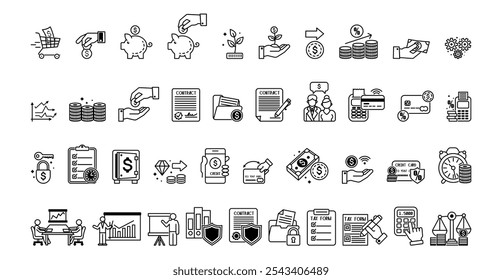 Finanzsymbole für Transaktionen und Verträge. Vektorgrafik