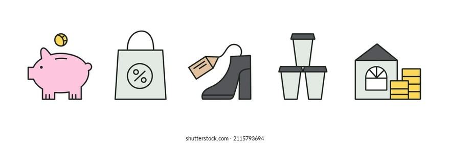 Financial icons set - types of money spending. Piggy bank, investments, savings, sale, purchases, lots of small and unnecessary expenses, like expensive coffee to go, mortgage. Vector illustration.