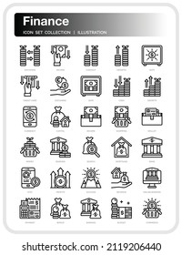 Conjunto De Iconos Financieros. Iconos de la línea delgada del vector perfectamente diseñado de la interfaz de usuario Pixel Perfecto. Las ilustraciones son un vector.

