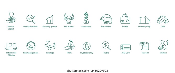 Financial Icons Spectrum: Vector Illustrations Encompassing Venture Capital, Financial Analysis, Bull Market, Investment, Bear Market, E-Wallet, Risk Management, Profit, ATM Card, and Inflation