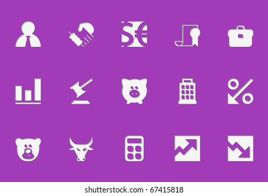 Financial icons. They look like are pressed into. Works well for any background. To use them on a white background just give to the base of the icon 10 points of grey color