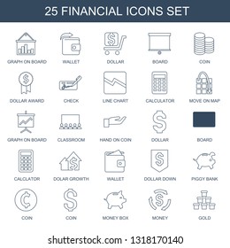 financial icons. Trendy 25 financial icons. Contain icons such as graph on board, Wallet, dollar, board, coin, dollar award, check, line chart. financial icon for web and mobile.