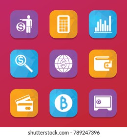 Financial icons. vector collection filled financial icons set.. includes symbols such as wallet, diagram, man and money, calculator. use for web, mobile and ui design.