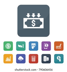 Financial icons. vector collection filled financial icons such as devaluation, dollar cloud, credit card payment, diagram, calculator, atm and hand with coin, coins, coin