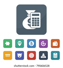 Financial icons. vector collection filled financial icons such as pig, money location, dollar, piggy bank, dollar sign on globe, money calculation, coin, coins, wallet