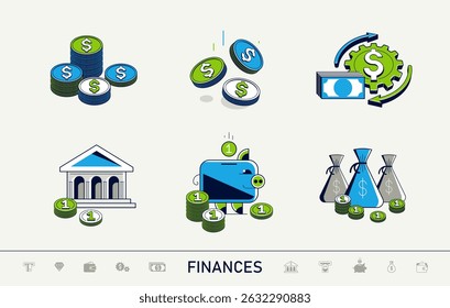 Conjunto de iconos financieros, negocios y finanzas Vectores detallados que se pueden utilizar como una ilustración simple, dinero económico tema.