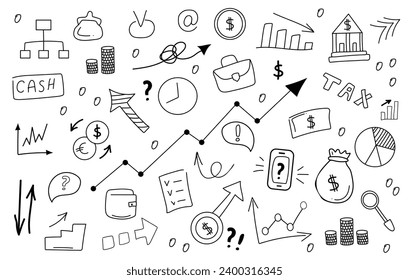 icono, set, doodle, business, computer, iconos, vector, dinero, finanzas, gráficos, infografía, comunicación, éxito, signo, teléfono, mano, colección, diseño, flecha, web, dibujo