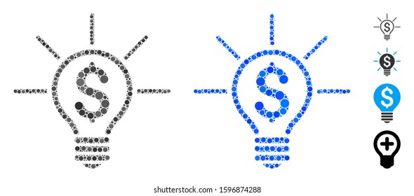 Financial idea bulb composition of spheric dots in different sizes and color tinges, based on financial idea bulb icon. Vector dots are composed into blue composition.