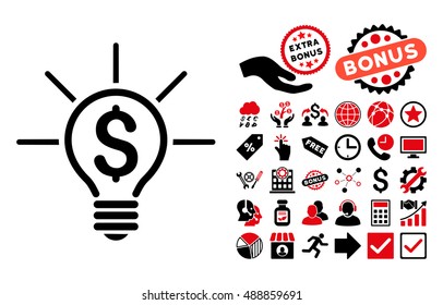 Financial Idea Bulb icon with bonus pictograph collection. Vector illustration style is flat iconic bicolor symbols, intensive red and black colors, white background.
