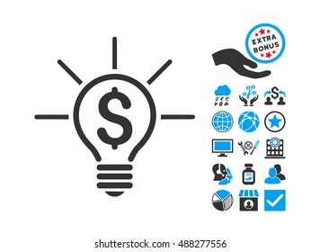 Financial Idea Bulb pictograph with bonus design elements. Vector illustration style is flat iconic bicolor symbols, blue and gray colors, white background.