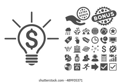 Financial Idea Bulb pictograph with bonus pictures. Vector illustration style is flat iconic symbols, gray color, white background.