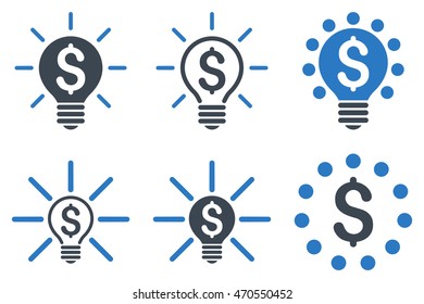 Financial Idea Bulb vector icons. Icon style is bicolor smooth blue flat symbols with rounded angles on a white background.