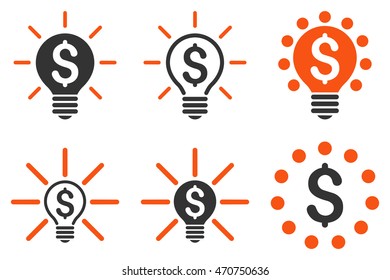 Financial Idea Bulb vector icons. Pictogram style is bicolor orange and gray flat icons with rounded angles on a white background.