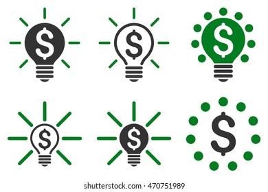 Financial Idea Bulb vector icons. Pictogram style is bicolor green and gray flat icons with rounded angles on a white background.