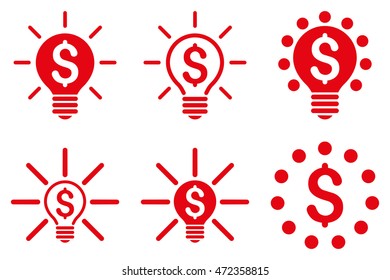 Financial Idea Bulb vector icons. Pictogram style is red flat icons with rounded angles on a white background.