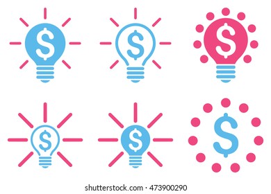Financial Idea Bulb vector icons. Pictogram style is bicolor pink and blue flat icons with rounded angles on a white background.