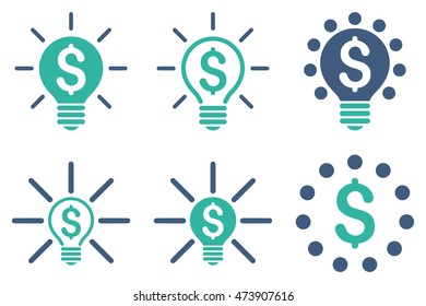Financial Idea Bulb vector icons. Pictogram style is bicolor cobalt and cyan flat icons with rounded angles on a white background.